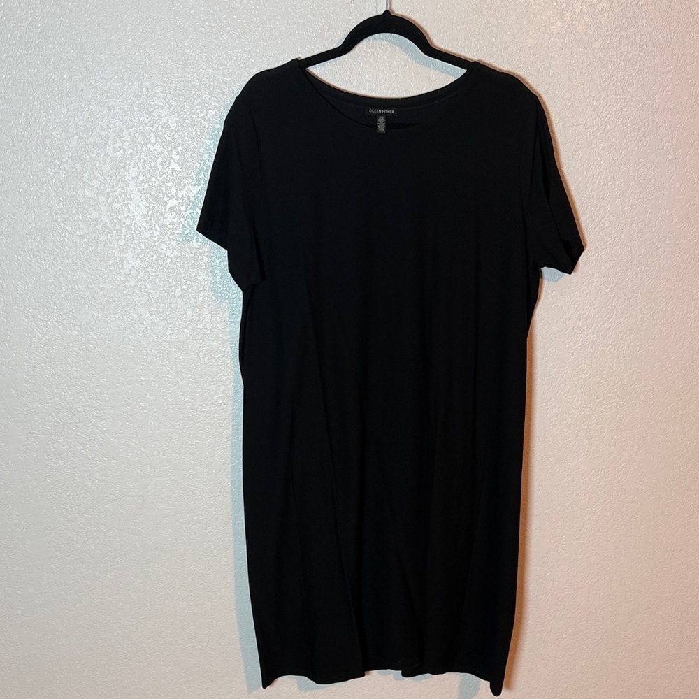 Eileen Fisher Black Crepe Tee Shirt Dress Minimalist Loose Fit Size XL